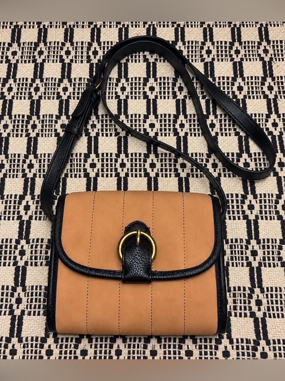 Black Trim Tan Crossbody Bag with Gold Buckle